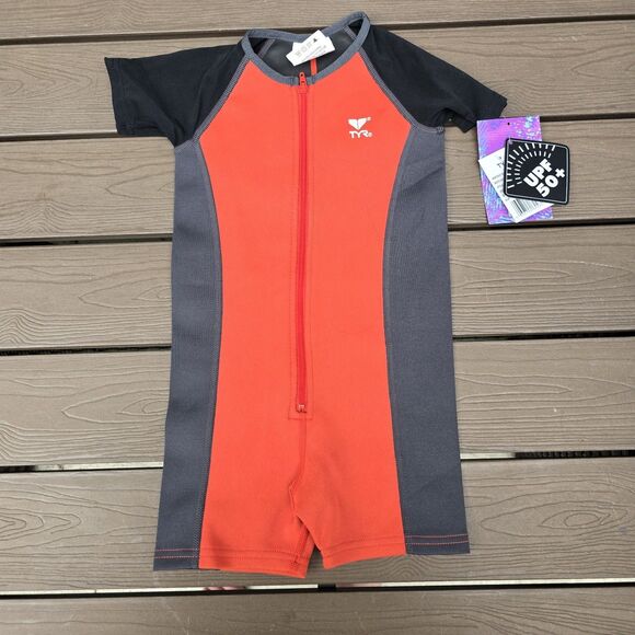 TYR Boys Girls Thermal Swim Suit Zip up Black Orange Grey Orange Size 3T New - Picture 2 of 5